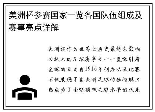 美洲杯参赛国家一览各国队伍组成及赛事亮点详解